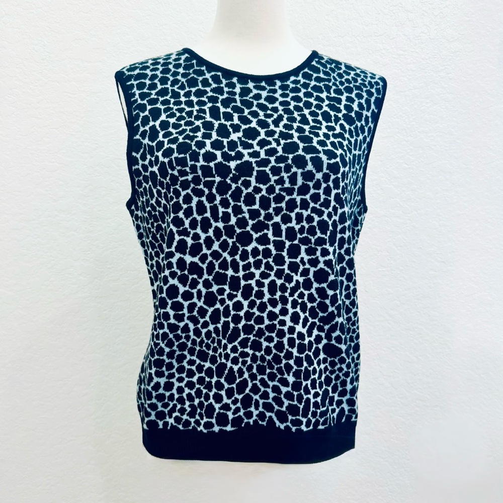 St. John Top Black Santana Knit NWOT Blue Giraffe Animal Print Sweater Vest